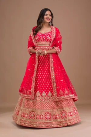 Red Zariwork Raw Silk Readymade Lehenga