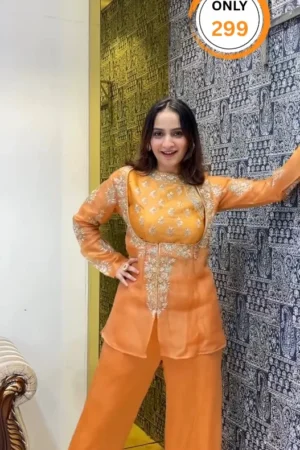 Crop top palazzo with organza jacket and zero gota embroidery