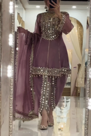Lavender Heavy Mirror-Embroidered Short Kurti with Sharara Bottom & Dupatta 💜✨🪞