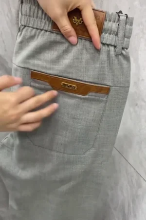 Men’s Grey Formal Stretch Trousers with Leather Accent Pockets