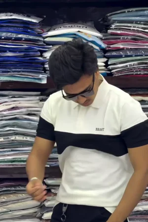Men’s Cotton Color Block Polo Neck Half Sleeve WhiteBlack Color T-Shirt S Size